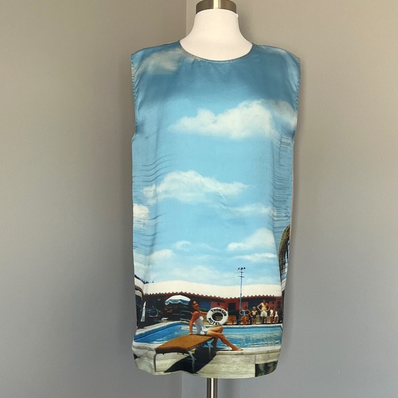 AU JOUR LE JOUR Silk Summer Pool Party Palm Leaves Sky Clouds Printed Dress - Picture 2 of 13